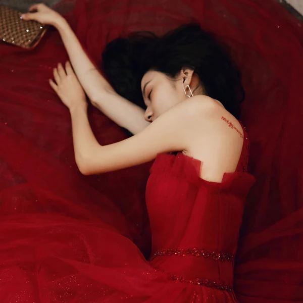 Fashion Red Evening Dresses  2020 A-Line / Princess V-Neck Sleeveless Beading Glitter Tulle Floor-Length / Long Ruffle Backless Formal Dresses