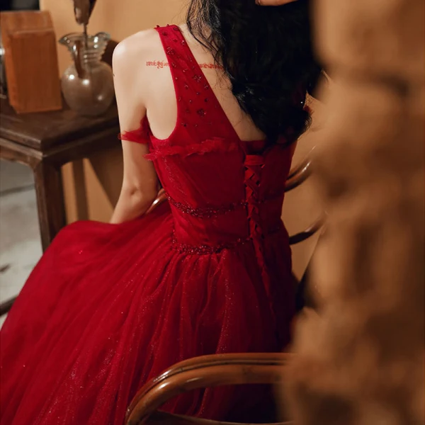 Fashion Red Evening Dresses  2020 A-Line / Princess V-Neck Sleeveless Beading Glitter Tulle Floor-Length / Long Ruffle Backless Formal Dresses