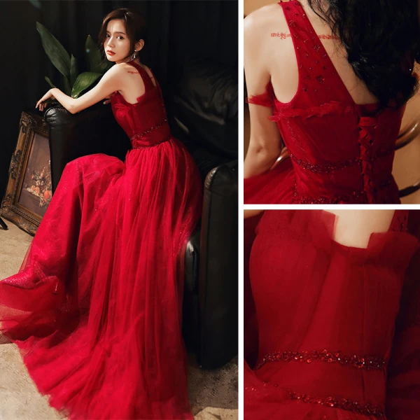 Fashion Red Evening Dresses  2020 A-Line / Princess V-Neck Sleeveless Beading Glitter Tulle Floor-Length / Long Ruffle Backless Formal Dresses