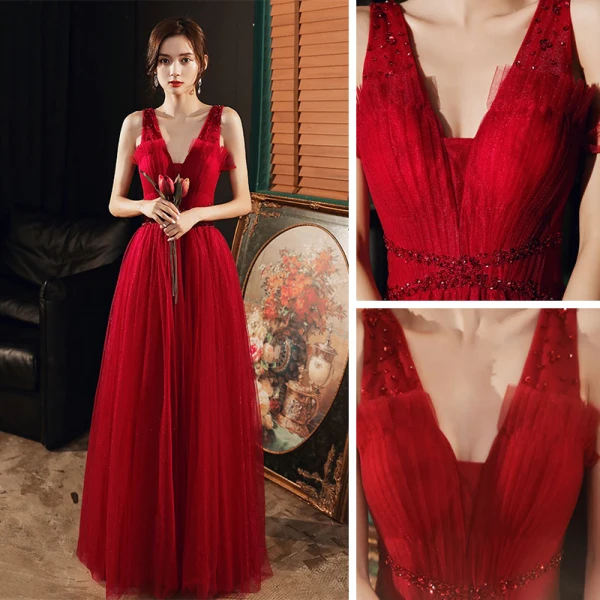 Fashion Red Evening Dresses  2020 A-Line / Princess V-Neck Sleeveless Beading Glitter Tulle Floor-Length / Long Ruffle Backless Formal Dresses