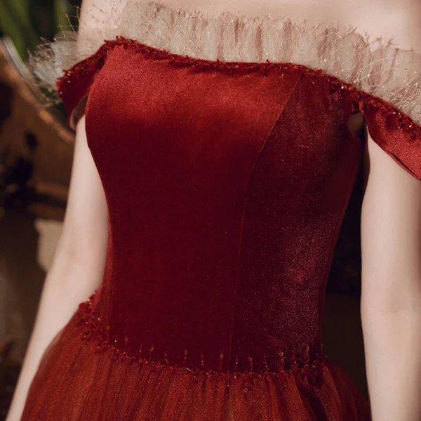 Chic / Beautiful Burgundy Engagement Prom Dresses 2020 A-Line / Princess Off-The-Shoulder Short Sleeve Beading Floor-Length / Long Ruffle Backless Formal Dresses