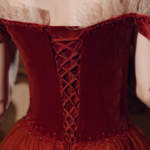 Chic / Beautiful Burgundy Engagement Prom Dresses 2020 A-Line / Princess Off-The-Shoulder Short Sleeve Beading Floor-Length / Long Ruffle Backless Formal Dresses