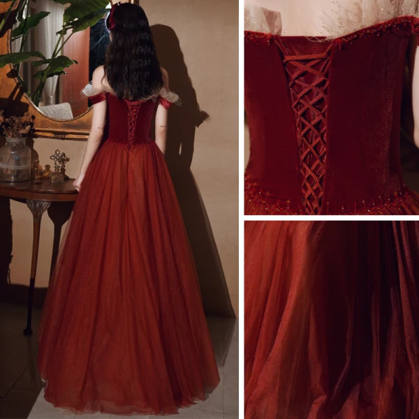 Chic / Beautiful Burgundy Engagement Prom Dresses 2020 A-Line / Princess Off-The-Shoulder Short Sleeve Beading Floor-Length / Long Ruffle Backless Formal Dresses
