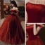 Chic / Beautiful Burgundy Engagement Prom Dresses 2020 A-Line / Princess Off-The-Shoulder Short Sleeve Beading Floor-Length / Long Ruffle Backless Formal Dresses
