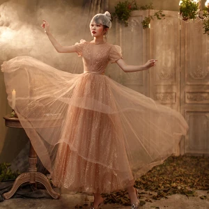 Style Victorien Kaki Robe De Bal 2020 Princesse Transparentes Col Haut Gonflée Manches Courtes Ceinture Perlage Perle Glitter Tulle Longue Volants Dos Nu Robe De Ceremonie