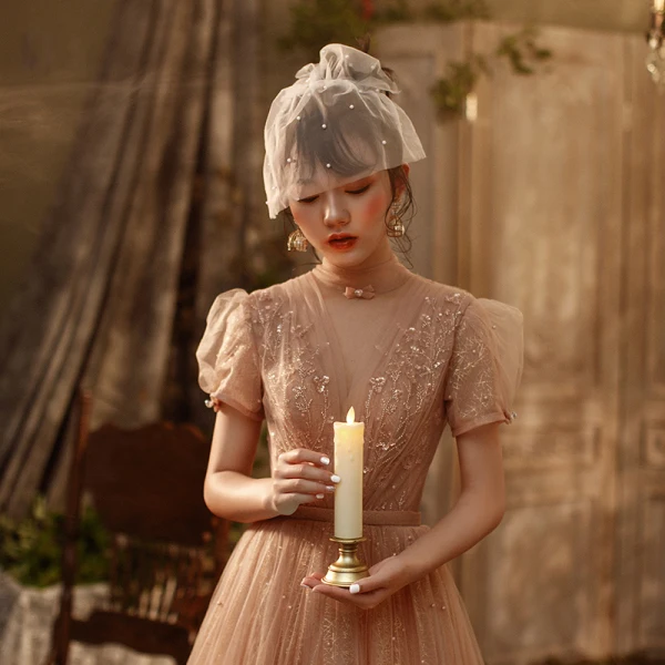 Victorian Style Khaki Prom Dresses 2020 A-Line / Princess See-through High Neck Puffy Short Sleeve Sash Beading Pearl Glitter Tulle Floor-Length / Long Ruffle Backless Formal Dresses