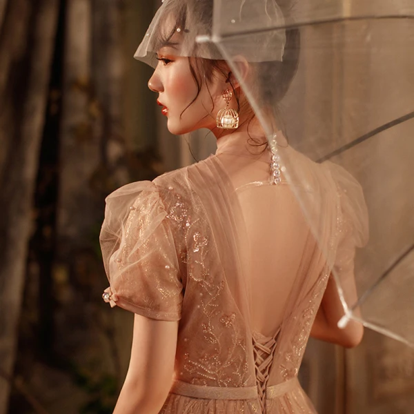 Victorian Style Khaki Prom Dresses 2020 A-Line / Princess See-through High Neck Puffy Short Sleeve Sash Beading Pearl Glitter Tulle Floor-Length / Long Ruffle Backless Formal Dresses