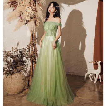 Elegant Clover Green Evening Dresses 2020 A Line Princess Off The Shoulder Short Sleeve Beading Floor Length Long Ruffle Backless Formal Dresses