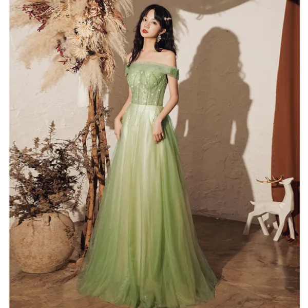 Élégant Vert Trèfle Robe De Soirée 2020 Princesse De l&#039;épaule Manches Courtes Perlage Longue Volants Dos Nu Robe De Ceremonie