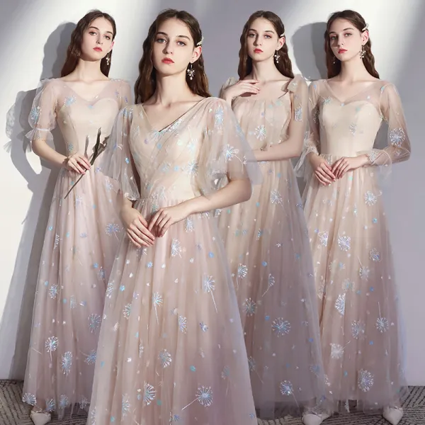 Eleganckie Szampan Sukienki Dla Druhen 2020 Princessa Bez Pleców Aplikacje Z Koronki Długie Wzburzyć