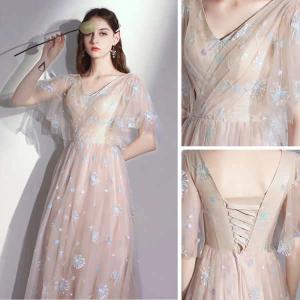Elegant Champagne Bridesmaid Dresses 2020 A-Line / Princess Backless Appliques Lace Floor-Length / Long Ruffle