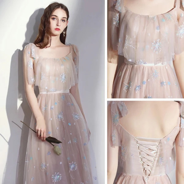 Elegant Champagne Bridesmaid Dresses 2020 A-Line / Princess Backless Appliques Lace Floor-Length / Long Ruffle