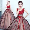 Flower Fairy Red Prom Dresses 2020 Ball Gown V-Neck Sleeveless Appliques Flower Beading Sash Floor-Length / Long Ruffle Backless Formal Dresses