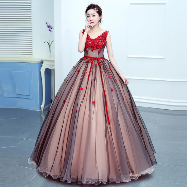 Flower Fairy Red Prom Dresses 2020 Ball Gown V-Neck Sleeveless Appliques Flower Beading Sash Floor-Length / Long Ruffle Backless Formal Dresses