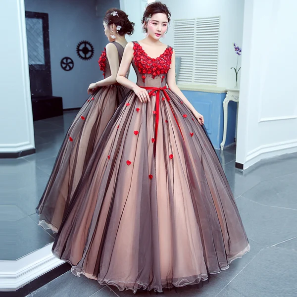 Flower Fairy Red Prom Dresses 2020 Ball Gown V-Neck Sleeveless Appliques Flower Beading Sash Floor-Length / Long Ruffle Backless Formal Dresses