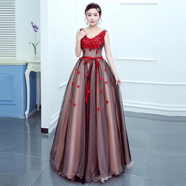 Flower Fairy Red Prom Dresses 2020 Ball Gown V-Neck Sleeveless Appliques Flower Beading Sash Floor-Length / Long Ruffle Backless Formal Dresses