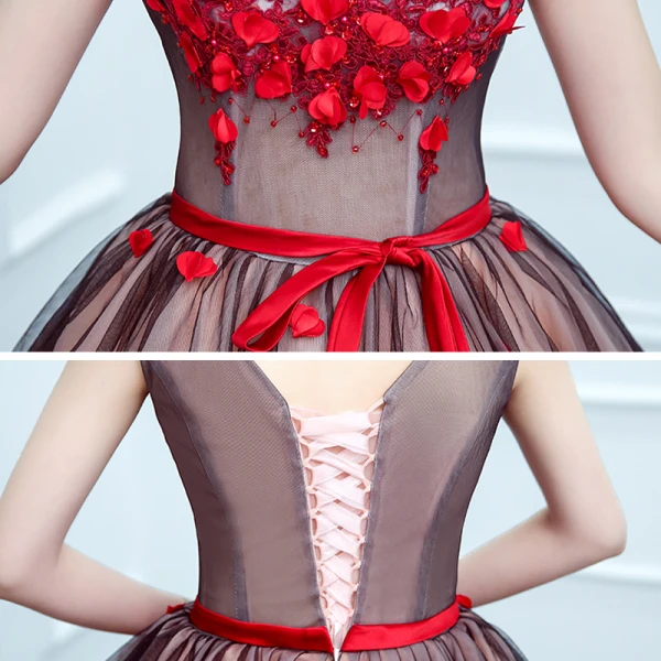 Flower Fairy Red Prom Dresses 2020 Ball Gown V-Neck Sleeveless Appliques Flower Beading Sash Floor-Length / Long Ruffle Backless Formal Dresses