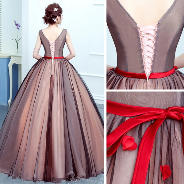Flower Fairy Red Prom Dresses 2020 Ball Gown V-Neck Sleeveless Appliques Flower Beading Sash Floor-Length / Long Ruffle Backless Formal Dresses
