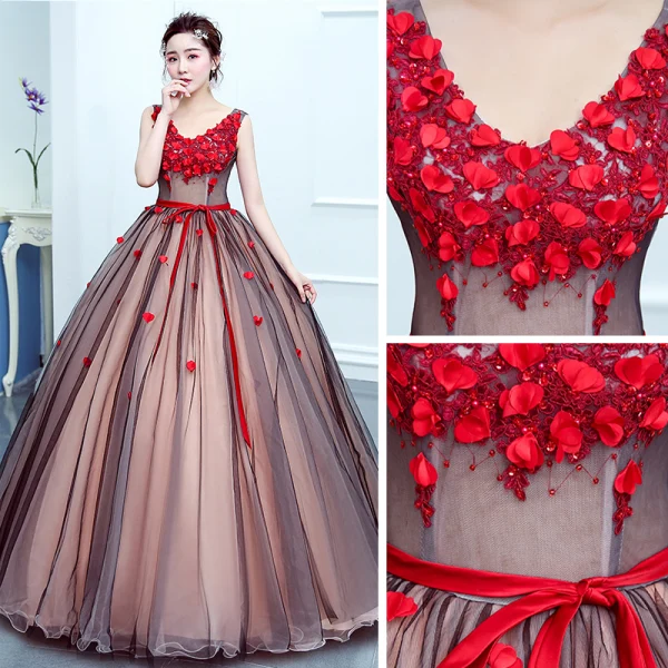 Flower Fairy Red Prom Dresses 2020 Ball Gown V-Neck Sleeveless Appliques Flower Beading Sash Floor-Length / Long Ruffle Backless Formal Dresses