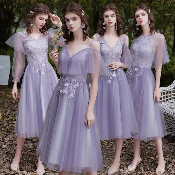 Affordable Lavender Bridesmaid Dresses 2020 A-Line / Princess Backless Appliques Lace Tea-length Ruffle