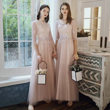 Elegant Pearl Pink Bridesmaid Dresses 2020 A Line Princess Backless Appliques Lace Floor Length Long Ruffle