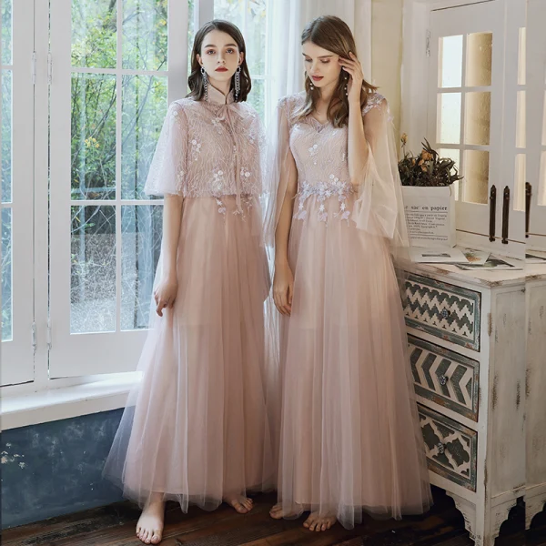 Elegant Pearl Pink Bridesmaid Dresses 2020 A-Line Princess Backless Appliques Lace Long Elegant Pearl Pink Bridesmaid Dresses 2020 A-Line Princess Backless Appliques Lace Long
