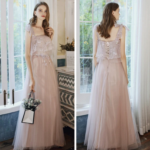 Elegant Pearl Pink Bridesmaid Dresses 2020 A-Line / Princess Backless Appliques Lace Floor-Length / Long Ruffle