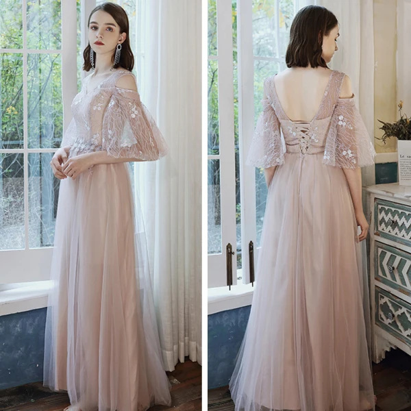 Elegant Pearl Pink Bridesmaid Dresses 2020 A-Line / Princess Backless Appliques Lace Floor-Length / Long Ruffle