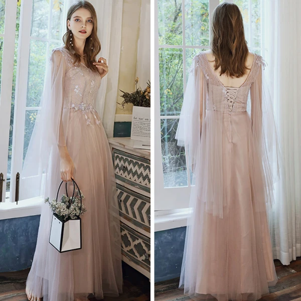 Elegant Pearl Pink Bridesmaid Dresses 2020 A-Line / Princess Backless Appliques Lace Floor-Length / Long Ruffle
