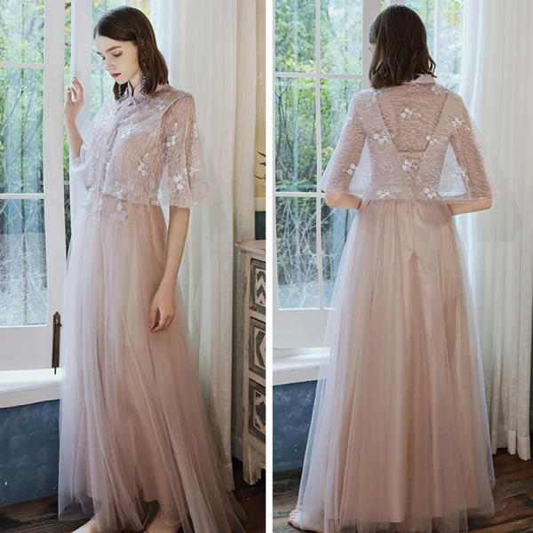 Elegant Pearl Pink Bridesmaid Dresses 2020 A-Line / Princess Backless Appliques Lace Floor-Length / Long Ruffle