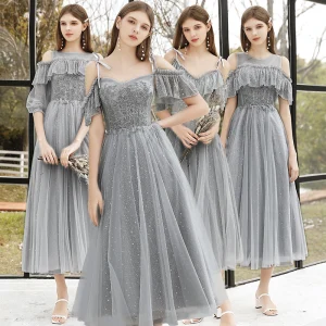 Prisvärd Grå Tärnklänningar 2020 Prinsessa Halterneck Paljetter Beading Glittriga Glitter Tyll Te Längd Ruffle