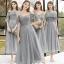 Affordable Grey Bridesmaid Dresses 2020 A-Line / Princess Backless Sequins Beading Glitter Tulle Tea-length Ruffle