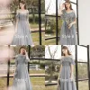 Affordable Grey Bridesmaid Dresses 2020 A-Line / Princess Backless Sequins Beading Glitter Tulle Tea-length Ruffle