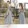Affordable Grey Bridesmaid Dresses 2020 A-Line / Princess Backless Sequins Beading Glitter Tulle Tea-length Ruffle
