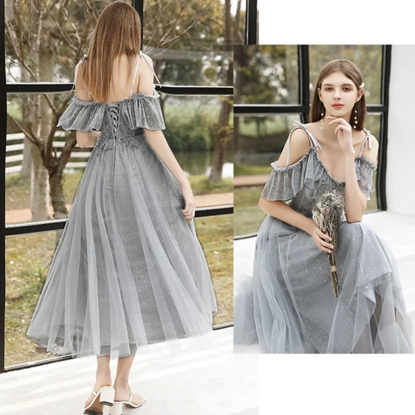 Affordable Grey Bridesmaid Dresses 2020 A-Line / Princess Backless Sequins Beading Glitter Tulle Tea-length Ruffle