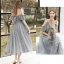 Affordable Grey Bridesmaid Dresses 2020 A-Line / Princess Backless Sequins Beading Glitter Tulle Tea-length Ruffle