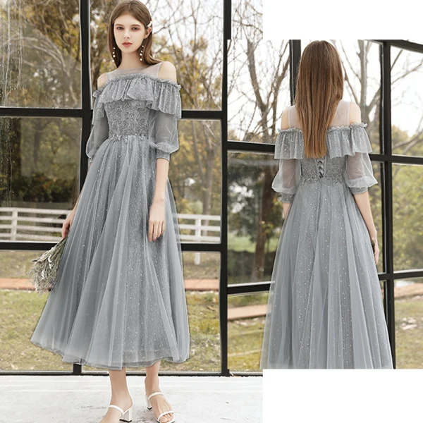 Affordable Grey Bridesmaid Dresses 2020 A-Line / Princess Backless Sequins Beading Glitter Tulle Tea-length Ruffle