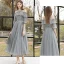Affordable Grey Bridesmaid Dresses 2020 A-Line / Princess Backless Sequins Beading Glitter Tulle Tea-length Ruffle