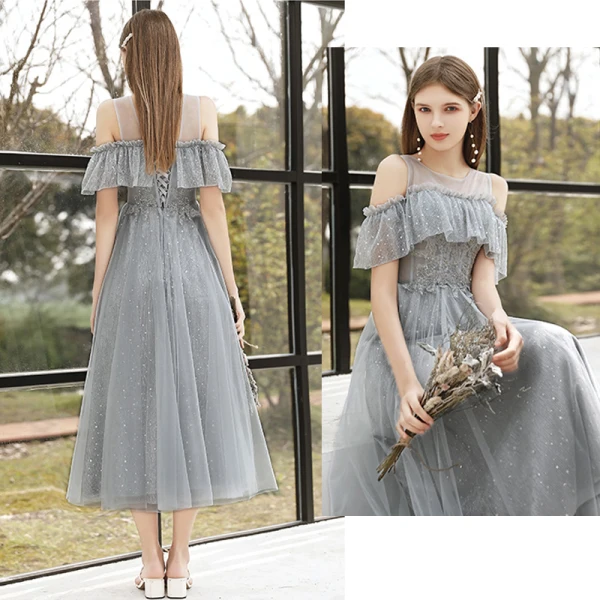Affordable Grey Bridesmaid Dresses 2020 A-Line / Princess Backless Sequins Beading Glitter Tulle Tea-length Ruffle