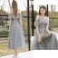 Affordable Grey Bridesmaid Dresses 2020 A-Line / Princess Backless Sequins Beading Glitter Tulle Tea-length Ruffle