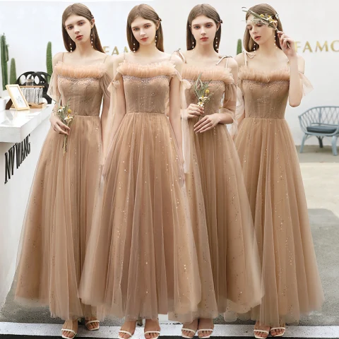 Abordable Champagne Robe Demoiselle D'honneur 2020 Princesse Dos Nu Paillettes Perlage Longue Volants