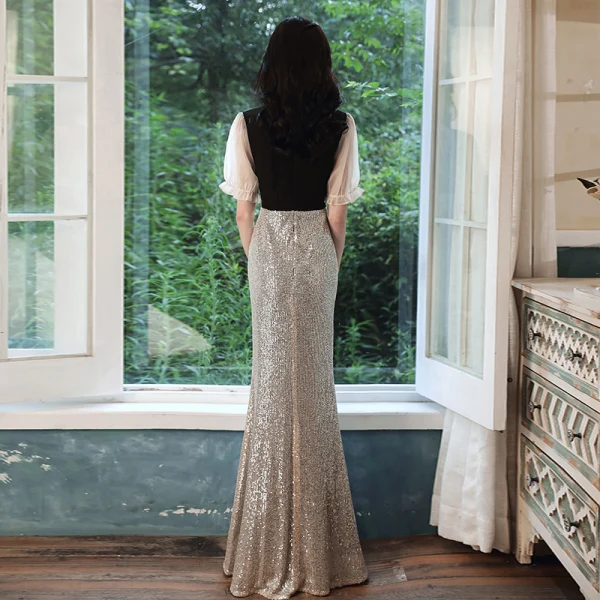 Two Tone Black Silver Evening Dresses 2020 Trumpet / Mermaid V-Neck Puffy  Short Sleeve Sequins Floor-Length / Long Formal Dresses