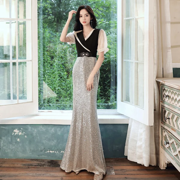 Two Tone Black Silver Evening Dresses 2020 Trumpet Mermaid V-Neck Puffy Short Sleeve