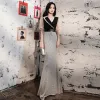 Two Tone Black Silver Evening Dresses  2020 Trumpet / Mermaid V-Neck Puffy Short Sleeve Sequins Floor-Length / Long Formal Dresses