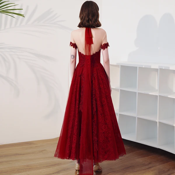 Vintage / Retro Burgundy Lace Engagement Prom Dresses 2020 A-Line / Princess See-through High Neck Short Sleeve Appliques Lace Beading Ankle Length Ruffle Backless Formal Dresses