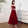 Vintage / Retro Burgundy Lace Engagement Prom Dresses 2020 A-Line / Princess See-through High Neck Short Sleeve Appliques Lace Beading Ankle Length Ruffle Backless Formal Dresses