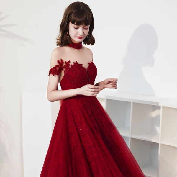Vintage / Retro Burgundy Lace Engagement Prom Dresses 2020 A-Line / Princess See-through High Neck Short Sleeve Appliques Lace Beading Ankle Length Ruffle Backless Formal Dresses