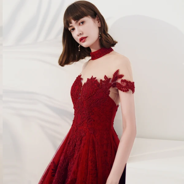 Vintage / Retro Burgundy Lace Engagement Prom Dresses 2020 A-Line / Princess See-through High Neck Short Sleeve Appliques Lace Beading Ankle Length Ruffle Backless Formal Dresses