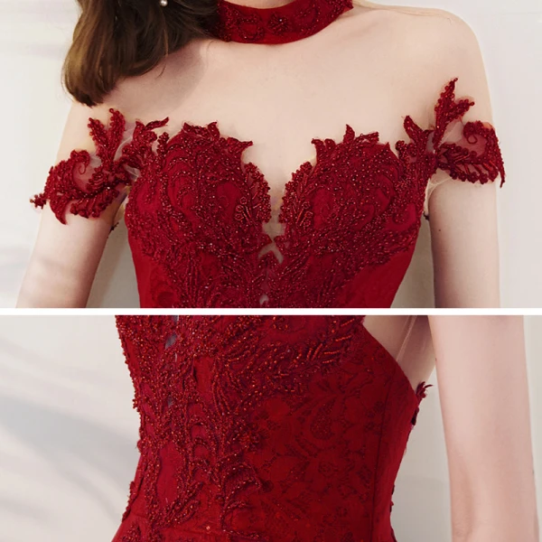 Vintage / Retro Burgundy Lace Engagement Prom Dresses 2020 A-Line / Princess See-through High Neck Short Sleeve Appliques Lace Beading Ankle Length Ruffle Backless Formal Dresses