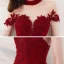 Vintage / Retro Burgundy Lace Engagement Prom Dresses 2020 A-Line / Princess See-through High Neck Short Sleeve Appliques Lace Beading Ankle Length Ruffle Backless Formal Dresses